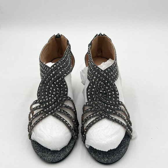 YDN Grey Wedge Glitter Sandals Open Toe Rhinestones Cross Over Straps Mid Heel - Picture 3 of 6